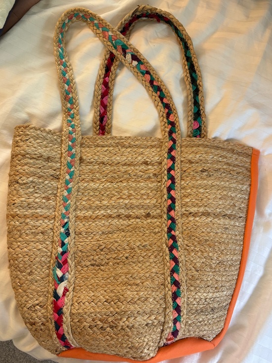 Handbags - Woven Straw Tote Bag with Multicolor Braided Handles - Natural